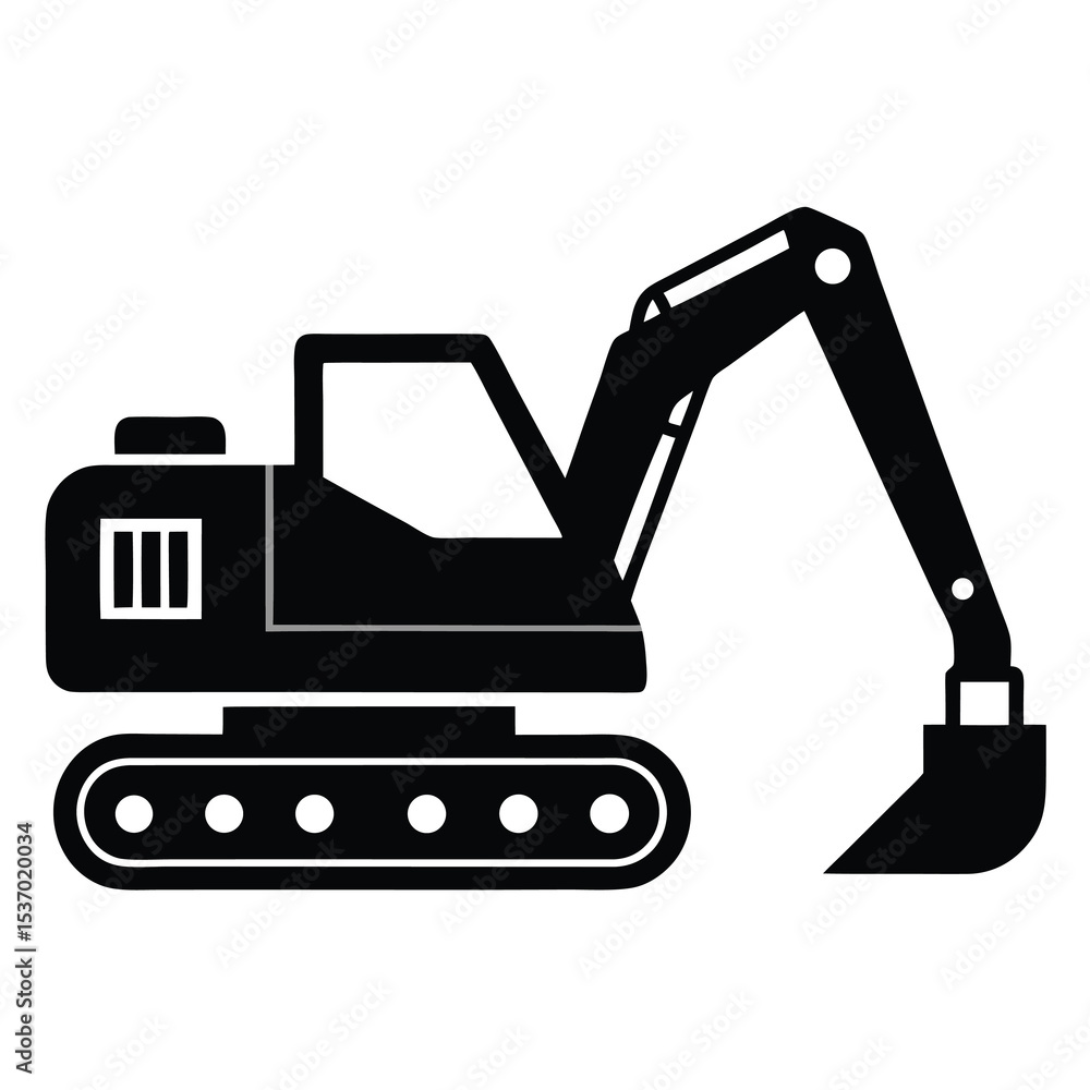 Black and white isolated heavy construction machinery: excavator, loader, and digger with hydraulic components. Black and white isolated heavy construction machinery: excavator, loader, and digger with hydraulic components.