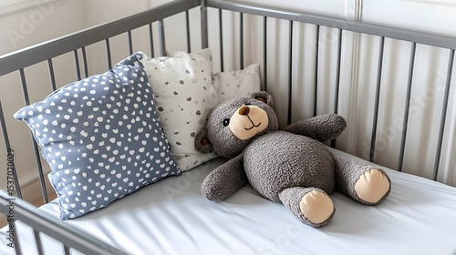 Adorable Teddy Bear in Baby Crib with Soft Pillows