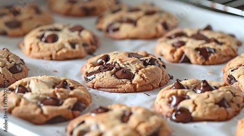Gooey chocolate chip cookies fresh from oven melting chunks white parchment paper rustic bakery style 