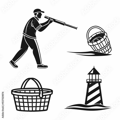 Seascape illustration lighthouse basket man telescope coastal scene
