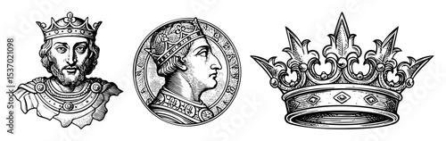Vector Vintage portraits and ornate crown illustrations depict historical regality.
