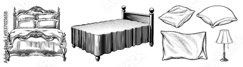 Vector Vintage beds pillows and lamp in engraving style.