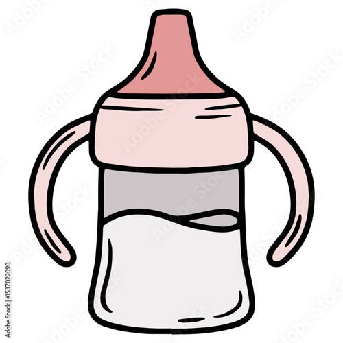 Hand drawn vector illustration of a baby sippy cup with handles, pink and grey color