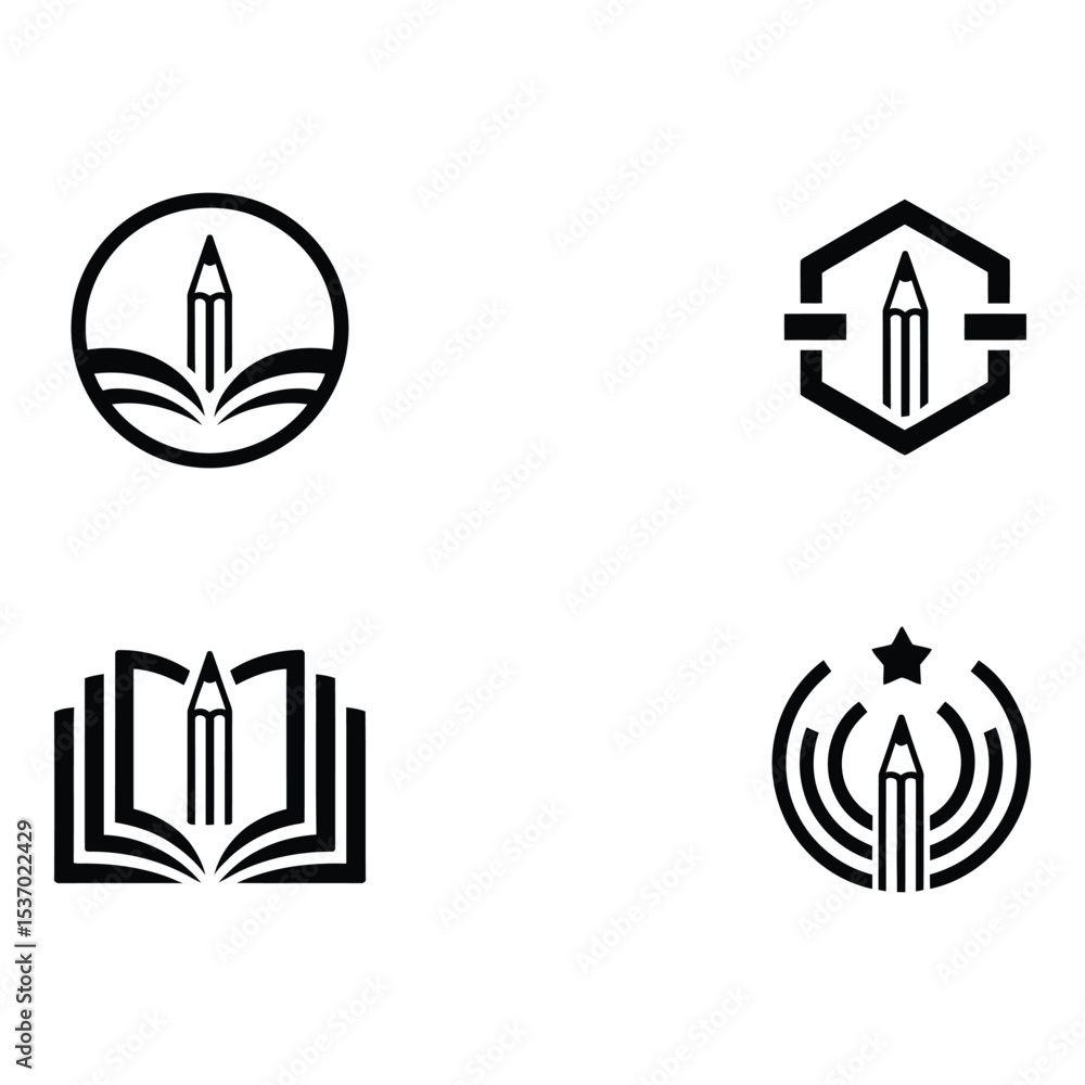 Pencil and book icons isolated on white background in four variations Pencil and book icons isolated on white background in four variations