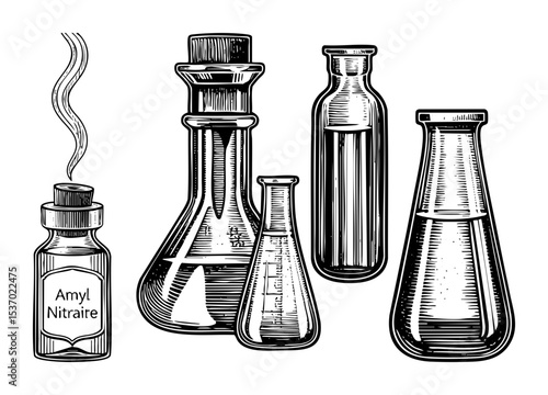 Vector Vintage laboratory glassware and a bottle of amyl nitrate are illustrated in a detailed engraving style.