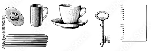 Vector Vintage objects including a cup books key and ruler are presented as detailed illustrations.