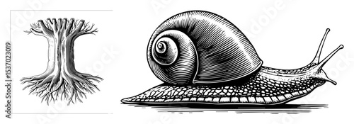 Vector detailed depicts a tree and a snail side-by-side.