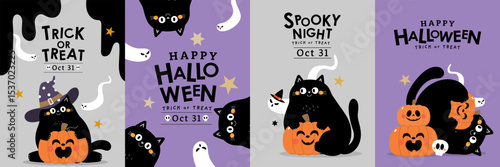 Happy Halloween greeting card with cute black cat, ghost and spooky pumpkin. Animal holidays cartoon character. -Vector.