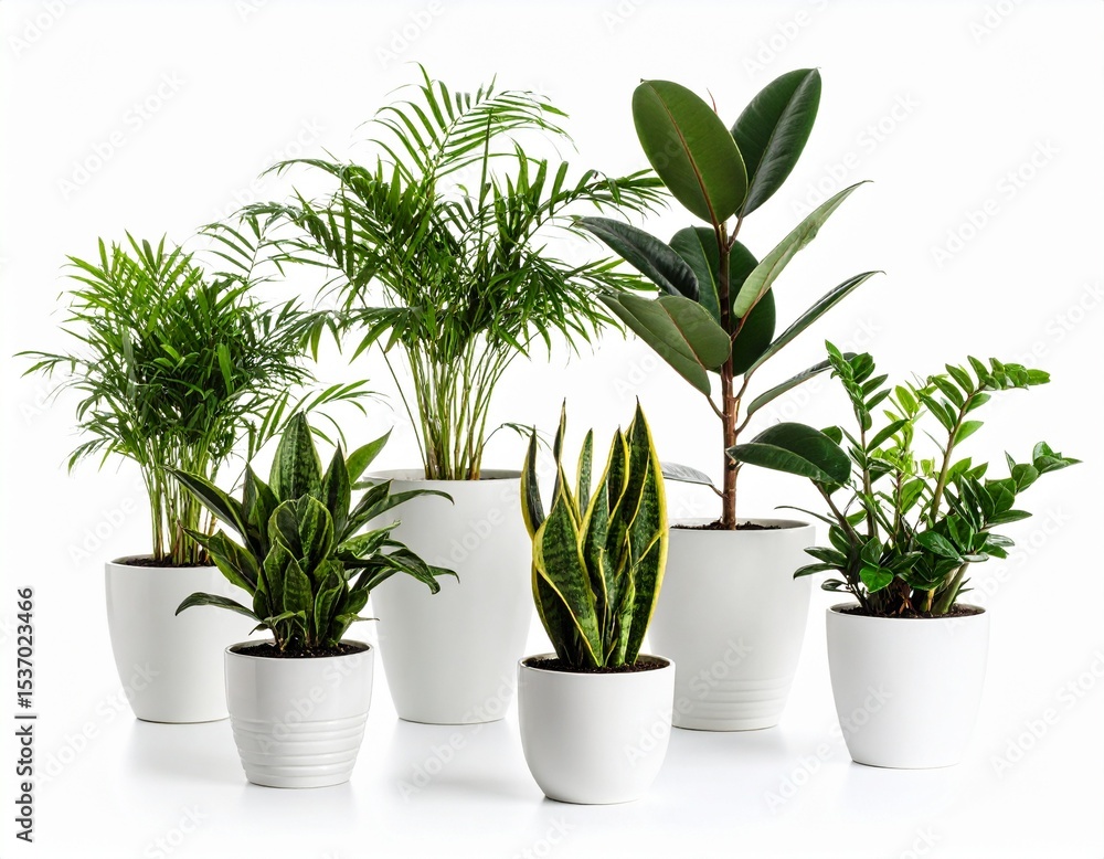 Fototapeta premium Plants in white ceramic pot- ficus lyrata, Sansevieria, pachira, zz zamioculcas zamii 