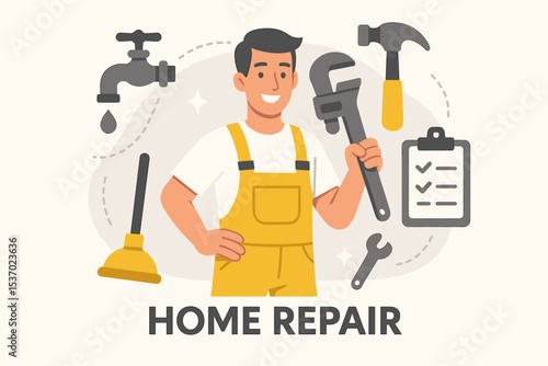 Flat-style digital vector illustration of a cheerful handyman in yellow overalls holding a wrench, surrounded by repair icons like faucet, hammer, and tools, representing home maintenance services.