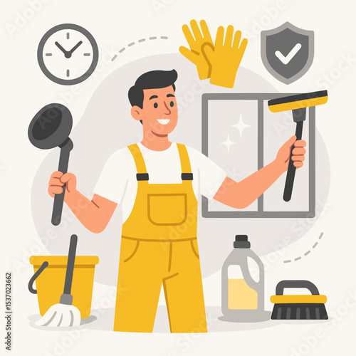 Flat-style vector illustration of a smiling cleaning professional surrounded by cleaning tools and hygiene icons, representing home cleaning and janitorial services.