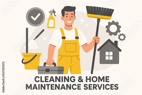 Flat-style vector illustration of a smiling cleaning professional surrounded by cleaning tools and hygiene icons, representing home cleaning and janitorial services.