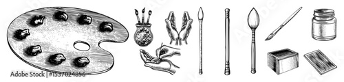 Vector Vintage artists tools including a palette brushes and paint container .