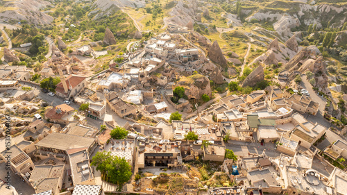 Aerial drone view of Uchisar Castle in Cappadocia,  and Goreme Turkey
