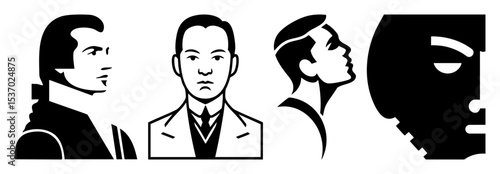 Vector Stylized male portraits showcase diverse facial views in a .