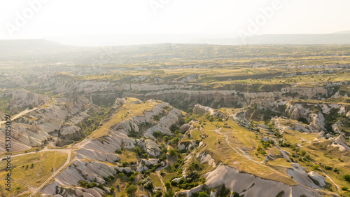 Aerial drone view of Uchisar Castle in Cappadocia,  and Goreme Turkey