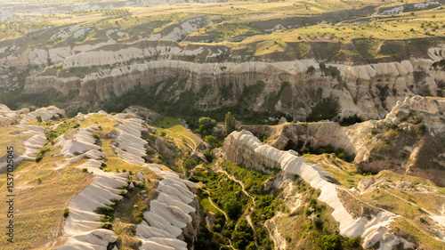 Aerial drone view of Uchisar Castle in Cappadocia,  and Goreme Turkey