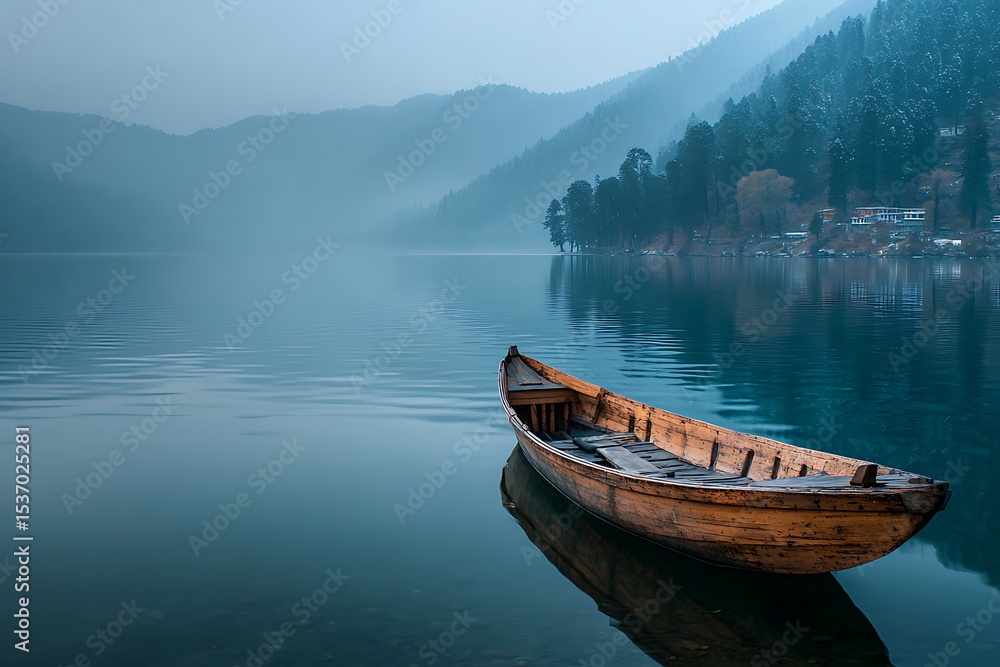 Obraz premium Solitary Wooden Boat on Misty Lake Surrounded by Evergreen Forest Mountain Landscape Reflecting in Serene Water