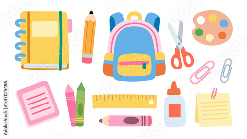 Bright and playful school supplies vector set in flat cartoon style. Includes backpack, notebook, crayons, glue, scissors, ruler, and art palette. Perfect for education and kids-related designs.