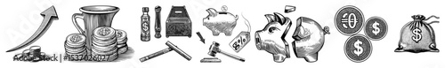 Vector Financial elements and tools featuring coins a money bag and various instruments.