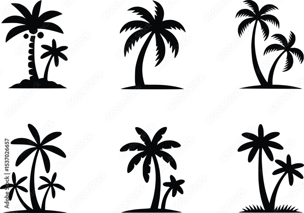 Fototapeta premium Palm Tree Black Icons Silhouette Vectors Different Style Tropical Island Graphics 