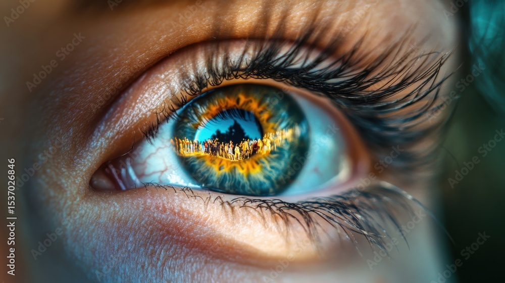 Fototapeta premium Eye reflection of a cityscape at sunset close-up nature vibrant colors artistic perspective