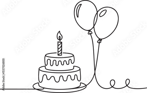 continuous single line drawing of birthday cake with candle and balloons in black line art on white background