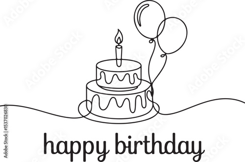continuous single line drawing of birthday cake with candle and balloons in black line art on white background
