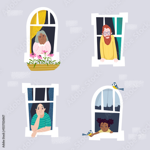 Happy Neighbors in Windows – Trendy Vector Illustration of Community and Diversity
