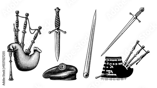 Vector Scottish heritage symbols including bagpipes swords and a beret are presented as vintage-style illustrations.