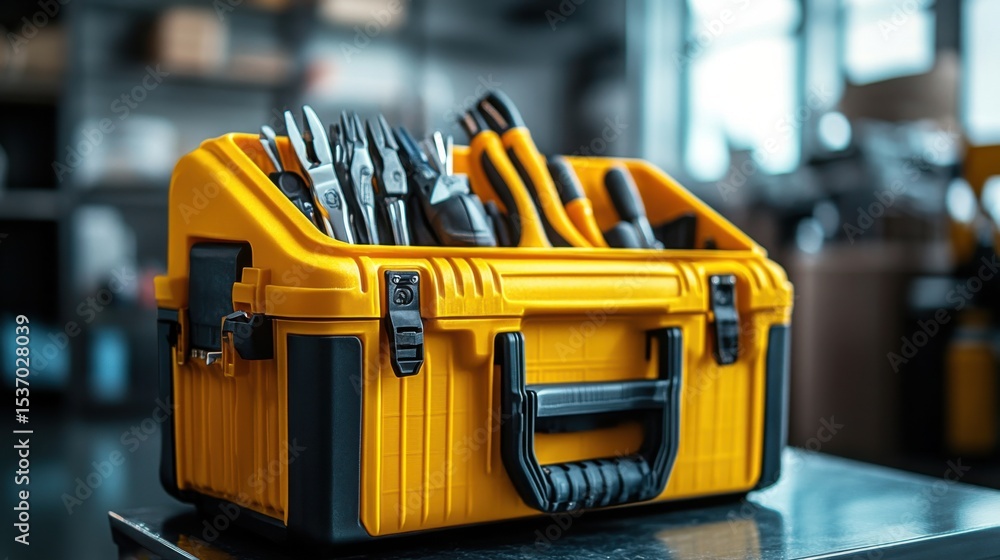 Fototapeta premium Essential toolbox filled with tools for home improvement in a modern workshop environment