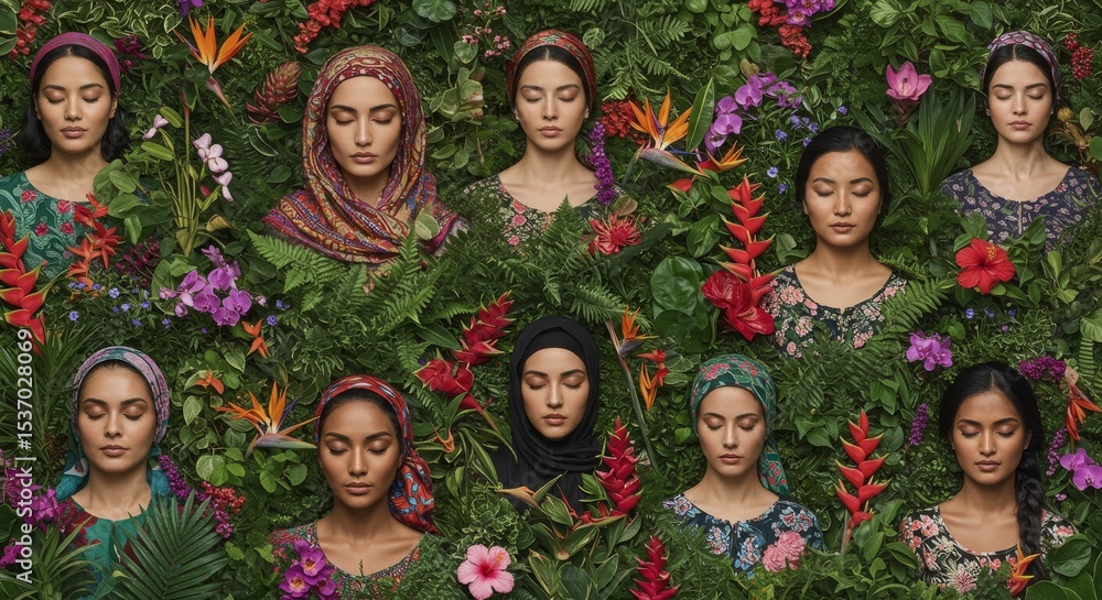 Women in Bloom - A vibrant symbolizing unity, diversity, peace, growth, and natural beauty. Women of various ethnicities are nestled amongst lush tropical flowers Women in Bloom - A vibrant symbolizing unity, diversity, peace, growth, and natural beauty. Women of various ethnicities are nestled amongst lush tropical flowers