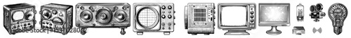 Vector Vintage television and radio collection showcases retro communication technology.