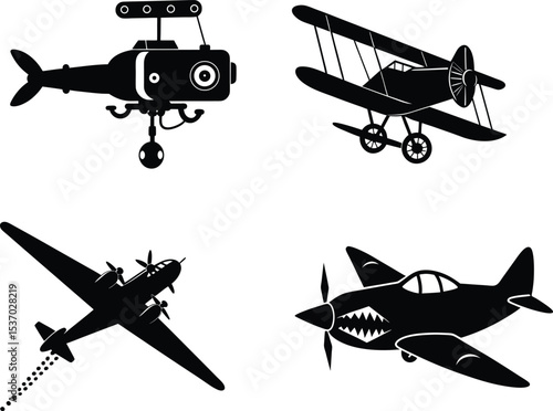 A Collection of Iconic Aircraft Silhouettes Showcasing Vintage Biplanes and Modern Fighters in Striking Black and White Graphic