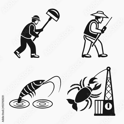Silhouette icons of fishing shrimp farming and surveying