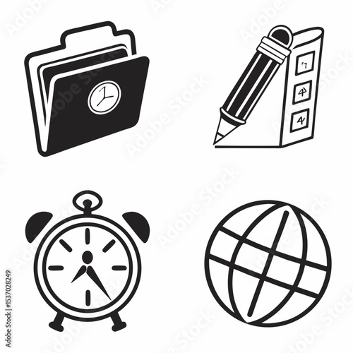 Simple black icons set clock folder pencil globe