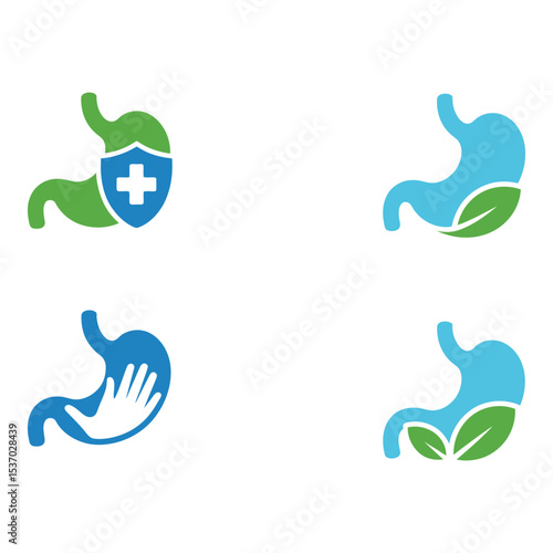 Stomach health care icons isolated on white background in green and blue