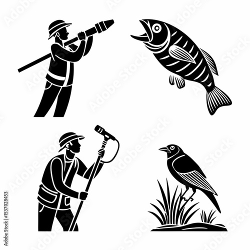 Silhouette icons of man with weapon microphone bird and fish