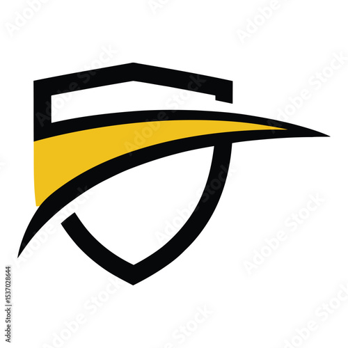 Stylized shield logo with swoosh isolated on white background