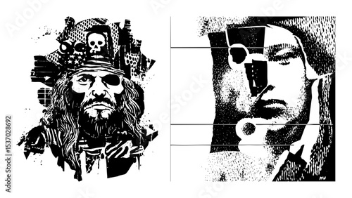 Vector Dramatic portraits of a pirate and a contemplative figure rendered in bold vector style.