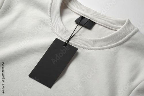 Apparel tag label mockup. A close-up mockup of a black tag hanging from a sweatshirt, ideal for showcasing branding, fashion design, or product labeling in stock imagery.