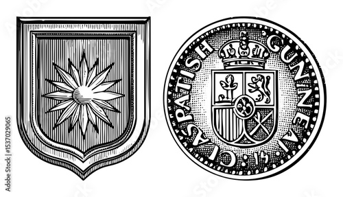 Vector Heraldic shields display radiant sunburst and complex coat of arms designs.