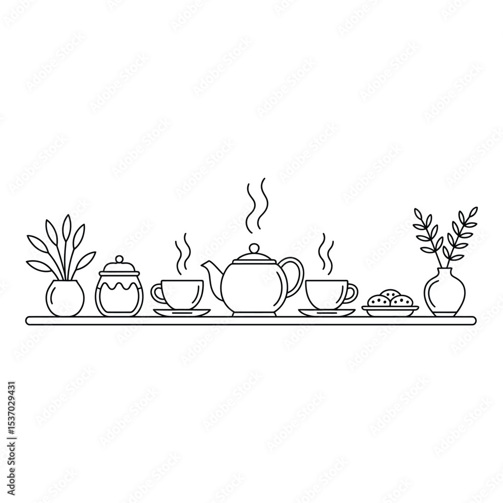 Teapot cups cookies and plants on a shelf isolated on white background Teapot cups cookies and plants on a shelf isolated on white background