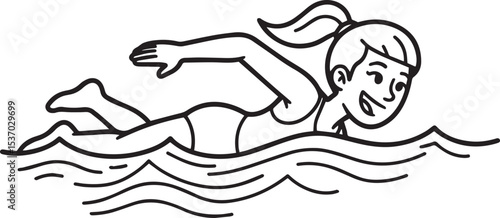 A black and white outline illustration of a smiling person swimming in a body of water with a turquoise background.