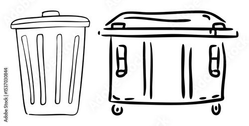 Vector Two waste containers a metal trash can and a wheeled bin are illustrated in black lines.