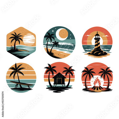 Tropical beach scenes with palm trees and sunset illustrations