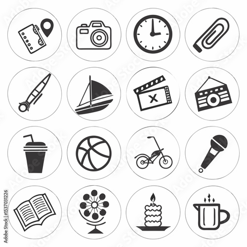 Collection of simple black and white icons for various activities and objects