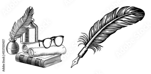 Vector Vintage writing tools including a quill pen inkwell book and spectacles are arranged in a classic composition.