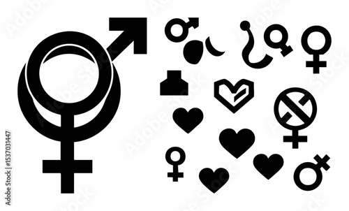 Vector Diverse gender symbols and hearts illustrate inclusivity and identity.