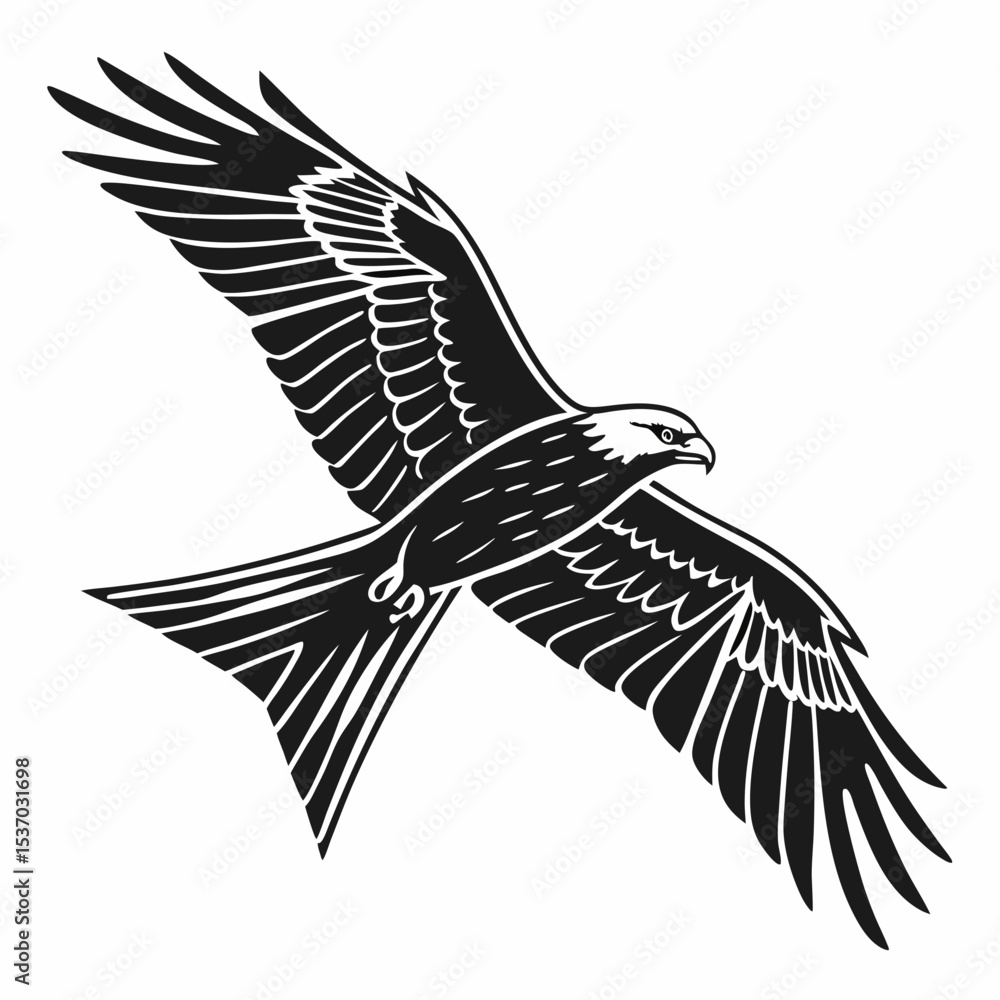 Naklejka premium Black and white stylized red kite in flight bird illustration